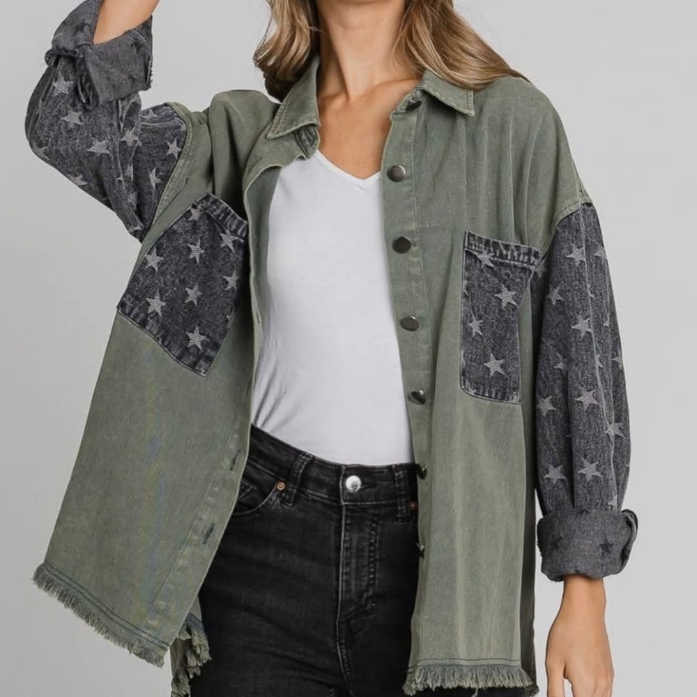 Olive & Charcoal Star-Print Denim Shacket